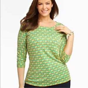 Talbots Sweater Green & Yellow Pear Print w/ Buttons Down the Back Size XL.